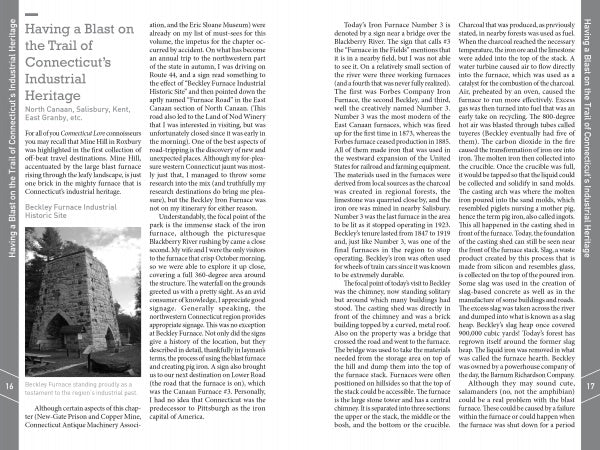A two-page magazine spread highlights Schiffer Publishing, Ltd.'s More Connecticut Lore, with an article on Connecticut’s industrial heritage, columns of text, a Beckley Furnace casting photo, and Connecticut folklore in the bottom-left caption.