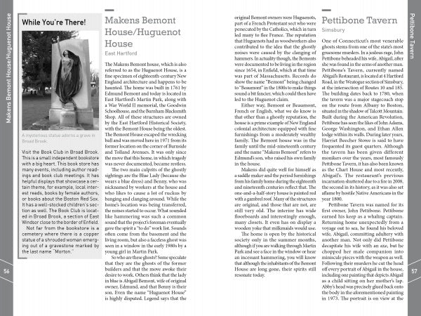 Two pages from "More Connecticut Lore" by Schiffer Publishing, Ltd. feature text and a black-and-white photo of a woman at a trail sign, discussing historic Connecticut sites, local folklore, and legends like Makens Bemont House and Pettibone Tavern.