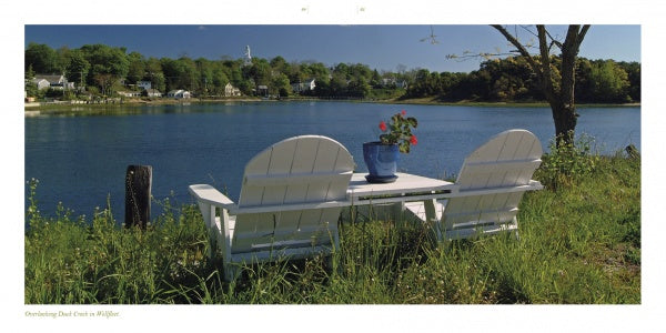 Cape Cod along the Shore" by Schiffer Publishing, Ltd. features two white Adirondack chairs and a small table with a potted plant, overlooking a tranquil lake on the Cape Cod shoreline beneath a clear blue sky.