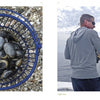 A blue basket of clams rests on shells while a man in sunglasses and a gray hoodie fishes from a boat—a perfect Cape Cod scene from "Cape Cod along the Shore" by Schiffer Publishing, Ltd.