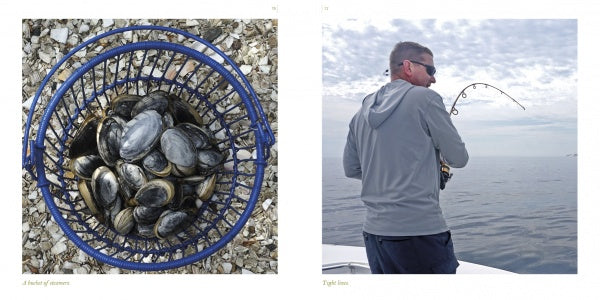A blue basket of clams rests on shells while a man in sunglasses and a gray hoodie fishes from a boat—a perfect Cape Cod scene from "Cape Cod along the Shore" by Schiffer Publishing, Ltd.