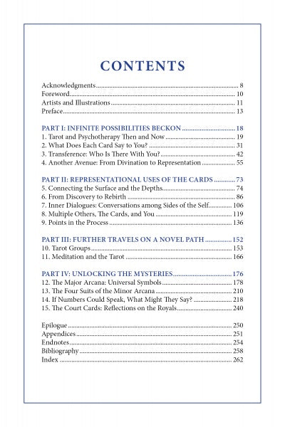 The table of contents for Tarot at a Crossroads (Schiffer Publishing, Ltd.) lists sections and chapters with page numbers, covering acknowledgments, introduction, parts on therapeutic tarot, Tarot psychology, and back matter like bibliography and index.
