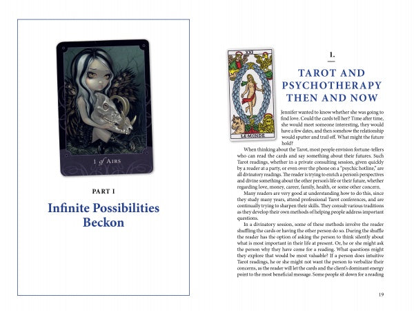 An open book of Tarot at a Crossroads by Schiffer Publishing, Ltd. displays a 1 of Airs card with "PART 1 Infinite Possibilities Beckon" on the left and an intro to tarot psychology and psychotherapy with tarot imagery on the right.