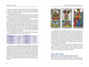 A spread from "Tarot at a Crossroads" by Schiffer Publishing, Ltd. features text on tarot psychology and psychotherapy, images of The Chariot, The Tower, The World, King of Swords cards, and a table comparing tarot and playing card suits.