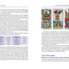 A spread from "Tarot at a Crossroads" by Schiffer Publishing, Ltd. features text on tarot psychology and psychotherapy, images of The Chariot, The Tower, The World, King of Swords cards, and a table comparing tarot and playing card suits.