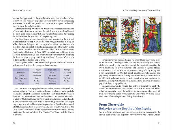 A spread from "Tarot at a Crossroads" by Schiffer Publishing, Ltd. features text on tarot psychology and psychotherapy, images of The Chariot, The Tower, The World, King of Swords cards, and a table comparing tarot and playing card suits.
