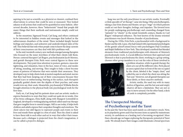 Two pages from "Tarot at a Crossroads" by Schiffer Publishing, Ltd. explore connections between tarot psychology and psychotherapy; the right page shows a black and white photo of two people and has a section titled "The Unexpected Meeting of Psychotherapy and the Tarot.
