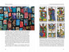 On the left page of "Tarot at a Crossroads" by Schiffer Publishing, Ltd., a tarot collage appears, while the right page features six vibrant French-titled cards and text on therapeutic tarot in representational readings.