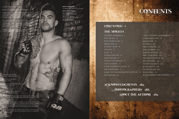 A shirtless male MMA fighter in UFC gloves leans against a brick wall, displaying tattoos. Next to him sits "Ink ’N Guys" by Schiffer Publishing, Ltd., its table of contents listing models, foreword, and photographers—ideal for fans of tattoo photography.