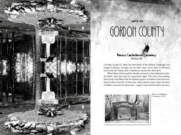 A grayscale, mirrored forest and cemetery gate photo appears on the left. On the right, text from "Haunted Northwest Georgia" by Schiffer Publishing, Ltd. links Resaca Confederate Cemetery’s Civil War past to local ghost stories and legends.