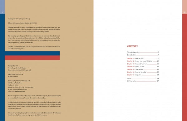 Two adjacent pages from “With a Weapon and a Grin” by Schiffer Publishing, Ltd.: the left shows copyright info on tan, while the right lists contents in red and black, with highlights on French propaganda and African WWI soldiers.