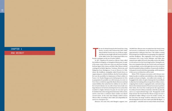 Two-page book spread from "With a Weapon and a Grin" by Schiffer Publishing, Ltd. Left page is tan with blue and red label: CHAPTER 1: 84TH RECRUIT. Right page features dense text on French propaganda and African soldiers in WWI, starting with a large red T.