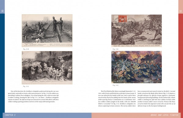 A spread from "With a Weapon and a Grin" by Schiffer Publishing, Ltd. features four historical war illustrations with captions—including African soldiers in WWI and French propaganda—plus two columns of text below the images.
