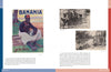 A page from "With a Weapon and a Grin" by Schiffer Publishing, Ltd. shows a vintage Banania ad—a smiling man in a red hat—next to two black-and-white photos of groups working by water, echoing French propaganda and African soldiers in WWI.