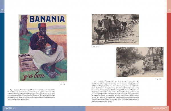 A page from "With a Weapon and a Grin" by Schiffer Publishing, Ltd. shows a vintage Banania ad—a smiling man in a red hat—next to two black-and-white photos of groups working by water, echoing French propaganda and African soldiers in WWI.
