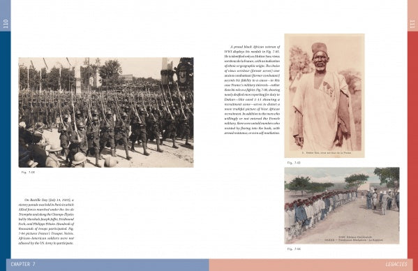 A spread from "With a Weapon and a Grin" by Schiffer Publishing, Ltd. shows African WWI soldiers in uniform (left), a smiling man in traditional dress (upper right), and West African women and children lined up near a building (lower right).