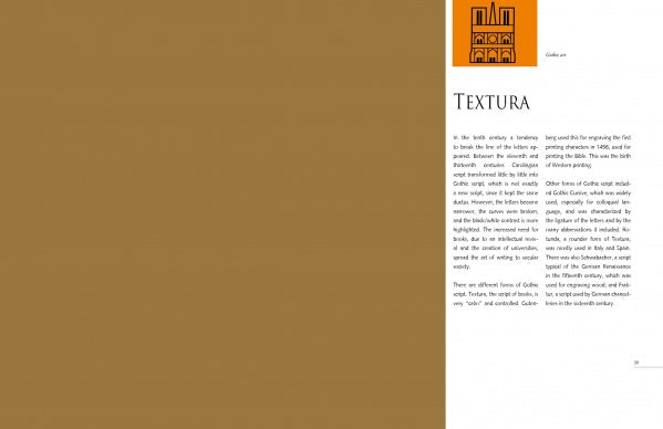 A mostly brown page with a white column on the right. The white section shows an orange building illustration, "An Introduction to Calligraphy" by Schiffer Publishing, Ltd., and text about Western scripts, like classic calligraphy books.