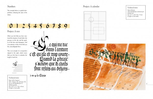 The design for "An Introduction to Calligraphy" by Schiffer Publishing, Ltd. features Western scripts and ornate numbers with French text on the left, an orange illustrated calendar with handwritten script on the right, and technical notes in small boxes throughout.