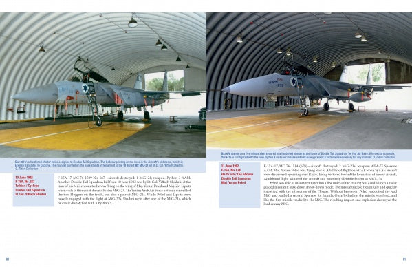 Two military jets, celebrated for aerial combat and Israeli Air Force missions like Operation OPERA, are housed in hangars. "The Raptors" by Schiffer Publishing, Ltd. details each aircraft's historical role and achievements.