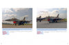 Two side-by-side photos from "The Raptors" by Schiffer Publishing, Ltd.: F-16 fighter jets on a runway with red markings and equipment, under a partly cloudy sky with trees. Blue and red captions appear beneath each photo.
