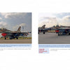 Two side-by-side photos from "The Raptors" by Schiffer Publishing, Ltd.: F-16 fighter jets on a runway with red markings and equipment, under a partly cloudy sky with trees. Blue and red captions appear beneath each photo.