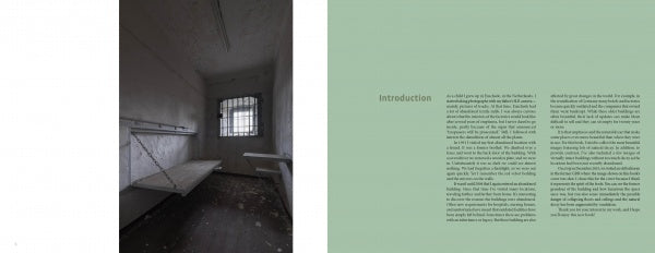 A two-page spread from The World of Urban Decay 2 by Schiffer Publishing, Ltd.: Left page—dim, empty prison cell with barred window and metal bed frames; right page—green background titled Introduction with two-column text.