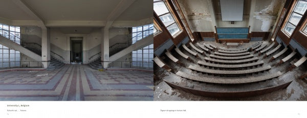 Split image from The World of Urban Decay 2 by Schiffer Publishing, Ltd.: Left—a grand, empty staircase in a worn building; right—an abandoned lecture hall, capturing the quiet beauty of decay in urban spaces.