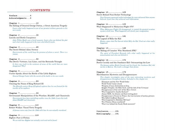 The two-page table of contents in "Spirits Speak of Conspiracies and Mysteries" by Schiffer Publishing, Ltd. lists 16 chapters, each briefly describing topics like conspiracy theories, spirit board communication, and alleged cover-ups.