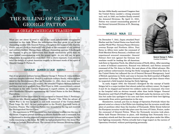 Two pages from Spirits Speak of Conspiracies and Mysteries by Schiffer Publishing, Ltd. feature the title The Killing of General George Patton, discussing WWII mysteries and conspiracy theories, and show a black-and-white photo of Patton in uniform.