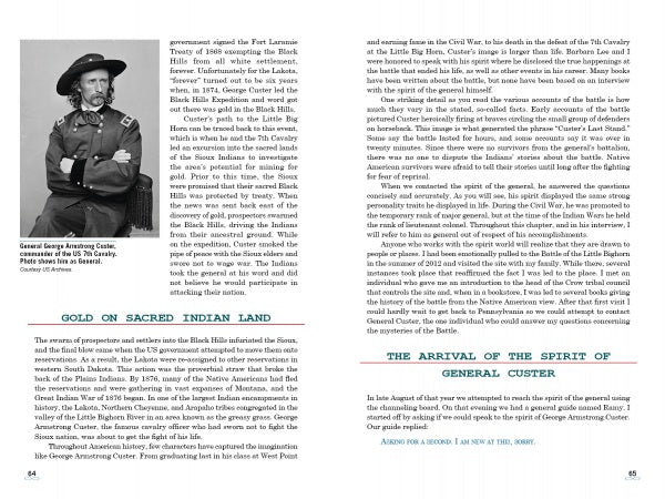 A two-page spread from "Spirits Speak of Conspiracies and Mysteries" by Schiffer Publishing, Ltd. features text and a black-and-white photo of General Custer in uniform, inviting readers to delve into the unsolved mysteries of his life and legacy.