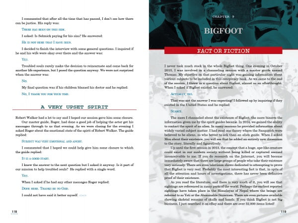 An open book, Spirits Speak of Conspiracies and Mysteries by Schiffer Publishing, Ltd., shows “A Very Upset Spirit” with dialogue like spirit board messages on the left, and the start of “Chapter 9: BIGFOOT” on the right—hinting at unsolved mysteries.