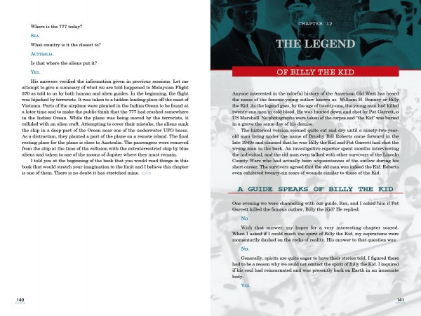 Two pages from "Spirits Speak of Conspiracies and Mysteries" by Schiffer Publishing, Ltd.: One discusses Malaysia Flight 370’s disappearance in a Q&A; the other, titled "The Legend of Billy the Kid," features a photo and text on the infamous outlaw.