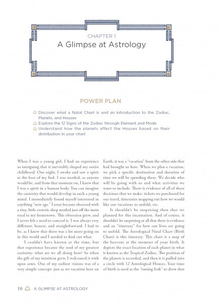 A page from Claiming Your Power through Astrology (Schiffer Publishing, Ltd.) shows CHAPTER 1: A Glimpse at Astrology, a Power Plan box with learning goals, and the start of a personal story about discovering astrology and the natal chart as a child.