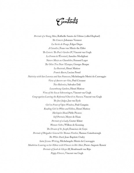 A table of contents page for "Stolen Beauty" by Schiffer Publishing, Ltd., features famous artwork titles and artists in black serif font on white, inspired by stolen art, with "Contents" in decorative script at the top.