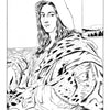 Black and white line drawing of a figure in a beret and patterned robe before a windowed landscape. Their direct gaze captures the intrigue of "Stolen Beauty" by Schiffer Publishing, Ltd., reminiscent of stories surrounding stolen art.