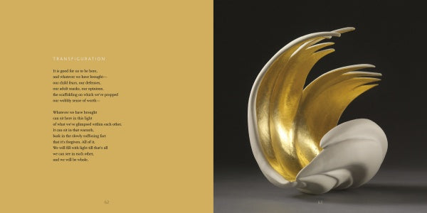 A book spread from "Vessels" by Schiffer Publishing, Ltd.: left page shows the poem "Transfiguration" on gold; right page displays Jennifer McCurdy’s white and gold, wing-like porcelain sculpture against a dark background.