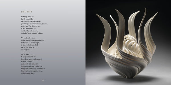 A porcelain vessel from Schiffer Publishing, Ltd.'s "Vessels" showcases cream-colored, curved forms spiraling upward, while the left side displays a poem titled "Life Boat" against a gradient gray background.