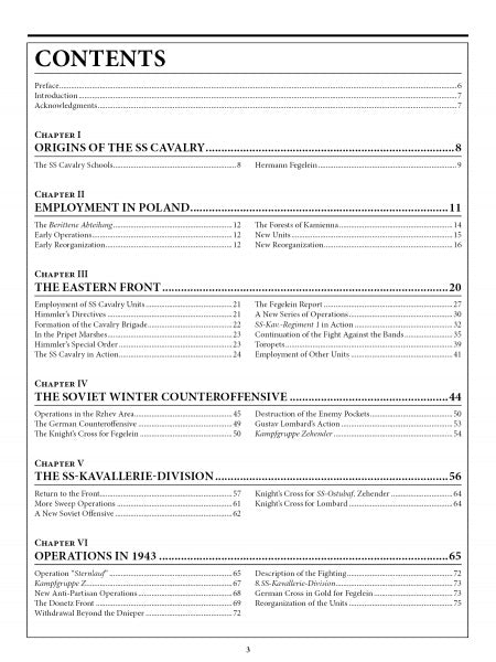 Table of contents for "The 8th Waffen-SS Cavalry Division Florian Geyer" by Schiffer Publishing, Ltd., covering SS Cavalry origins, the Waffen-SS, Division “Florian Geyer,” Eastern Front operations, the Soviet counteroffensive, and 1943 actions.