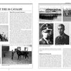 A two-page spread in The 8th Waffen-SS Cavalry Division Florian Geyer by Schiffer Publishing, Ltd. features text and black-and-white photos of SS officers, soldiers on horseback, cavalry schools, ceremonies, and WWII scenes.
