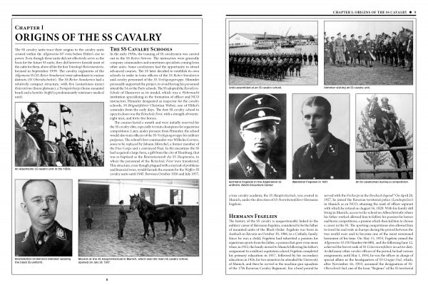 A two-page spread in The 8th Waffen-SS Cavalry Division Florian Geyer by Schiffer Publishing, Ltd. features text and black-and-white photos of SS officers, soldiers on horseback, cavalry schools, ceremonies, and WWII scenes.