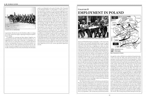 A spread from "The 8th Waffen-SS Cavalry Division Florian Geyer" (Schiffer Publishing, Ltd.) shows dense text with a marching soldiers photo on the left, and, on the right—titled “Employment in Poland”—troops carrying a boat and a military map.