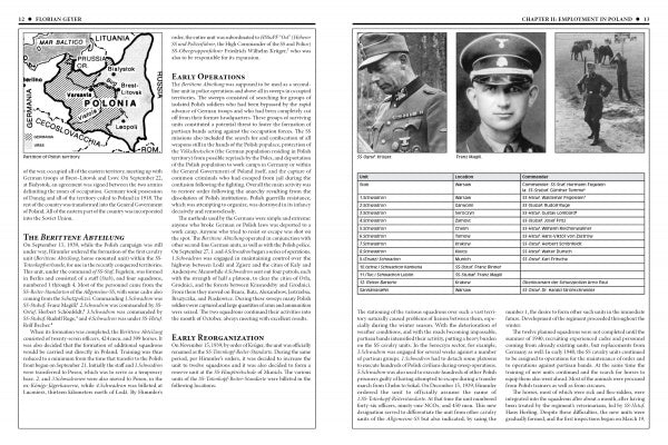 In "The 8th Waffen-SS Cavalry Division Florian Geyer" by Schiffer Publishing, Ltd., a two-page spread shows a map of Poland and text on the left, with photos of Waffen-SS officers, a rank chart, and descriptive text on the right.