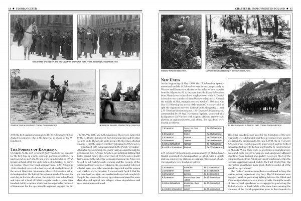 Two pages from "The 8th Waffen-SS Cavalry Division Florian Geyer" by Schiffer Publishing, Ltd. show black-and-white photos of soldiers and horses, with captions, text columns, and data tables on Waffen-SS units.