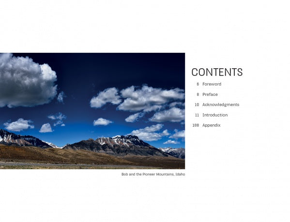 A contents page from *Yellowstone Country* by Schiffer Publishing, Ltd. features a panoramic photograph of the Pioneer Mountains, Idaho under a blue sky. The table of contents sections appear on the right on a white background.