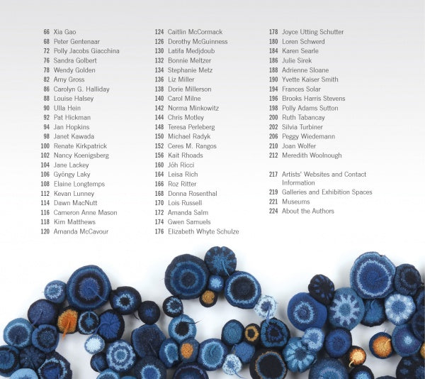 A list of names and numbers in four columns appears above abstract blue, black, and yellow circular shapes, evoking fiber art or bacterial colonies, on a white background. Product: Artistry in Fiber, Vol. 2 by Schiffer Publishing, Ltd.