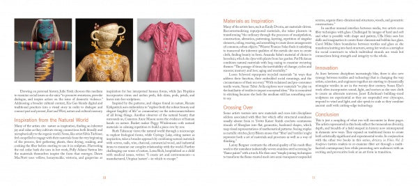 A two-page spread from "Artistry in Fiber, Vol. 2" by Schiffer Publishing, Ltd. shows three textile artworks—a wrapped colorful figure, patterned woven bust, and pink dress—alongside text about fiber art inspiration, materials, innovation, and conclusions.