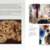 A two-page spread in "Artistry in Fiber, Vol. 2" by Schiffer Publishing, Ltd. showcases vibrant images and text about circular fiber sculptures crafted from natural materials, displayed on walls and suspended in a bright gallery space.