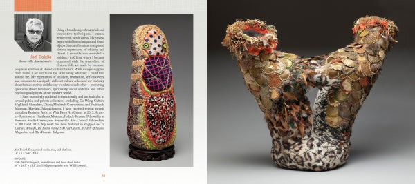 A spread from Artistry in Fiber, Vol. 2 by Schiffer Publishing, Ltd. shows Jodi Colella's profile with a black-and-white portrait and two fiber art sculptures: a vibrant doll-like figure and a U-shaped piece with layered fabric circles.