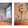 Two images from "Artistry in Fiber, Vol. 2" by Schiffer Publishing, Ltd. show transparent, embroidered fabric sculptures of furniture—like chairs and a tricycle—displayed as 3D art in a bright room with wooden floors and framed wall art.