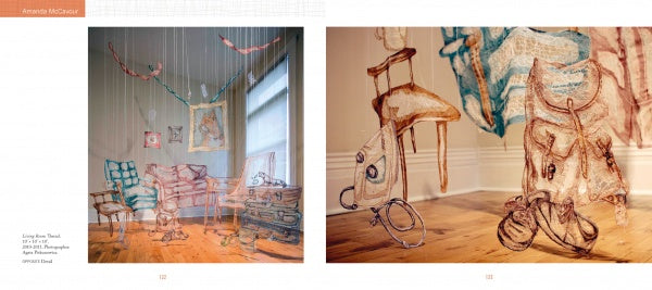 Two images from "Artistry in Fiber, Vol. 2" by Schiffer Publishing, Ltd. show transparent, embroidered fabric sculptures of furniture—like chairs and a tricycle—displayed as 3D art in a bright room with wooden floors and framed wall art.